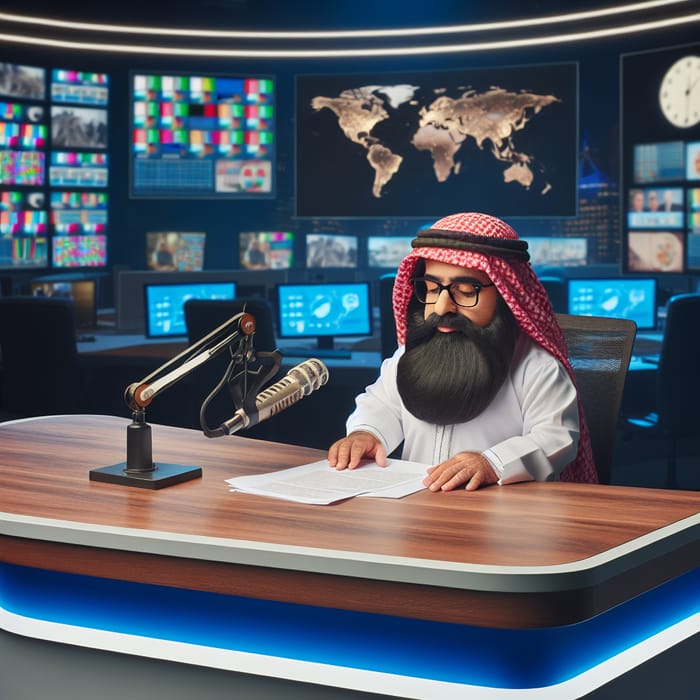 Dwarf Newscaster Reporting in Modern Newsroom Studio
