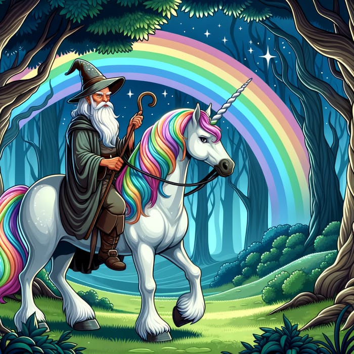 Rainbow-Maned Unicorn and Wizard in Enchanted Forest
