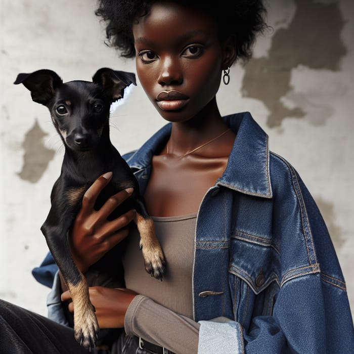 Confident Black Woman Holding Rat Terrier | Stylish Casual Scene