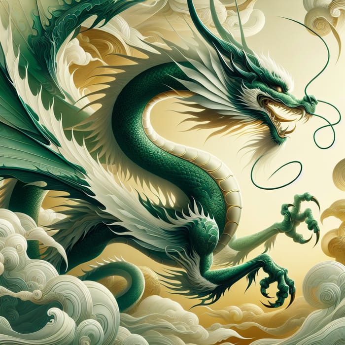 Minimalist Green Dragon on Golden-White Background - Oriental Style