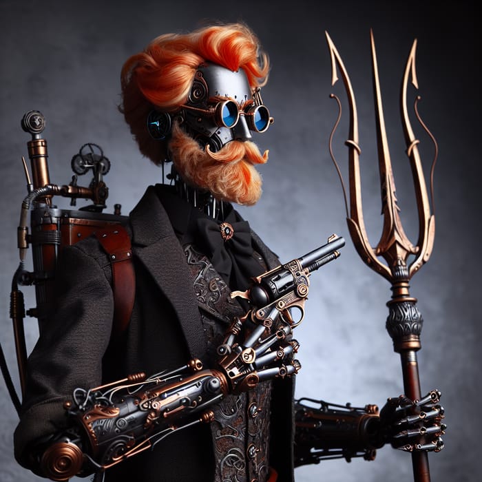 Elderly Automaton with Red Hair & Trident | Fantasy Setting