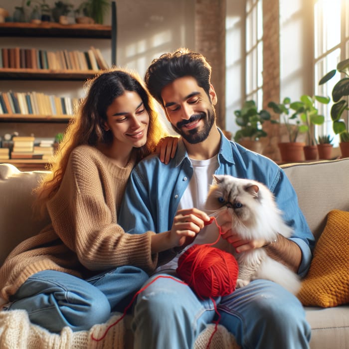 A Multicultural Couple with a Persian Cat in a Cozy Living Room