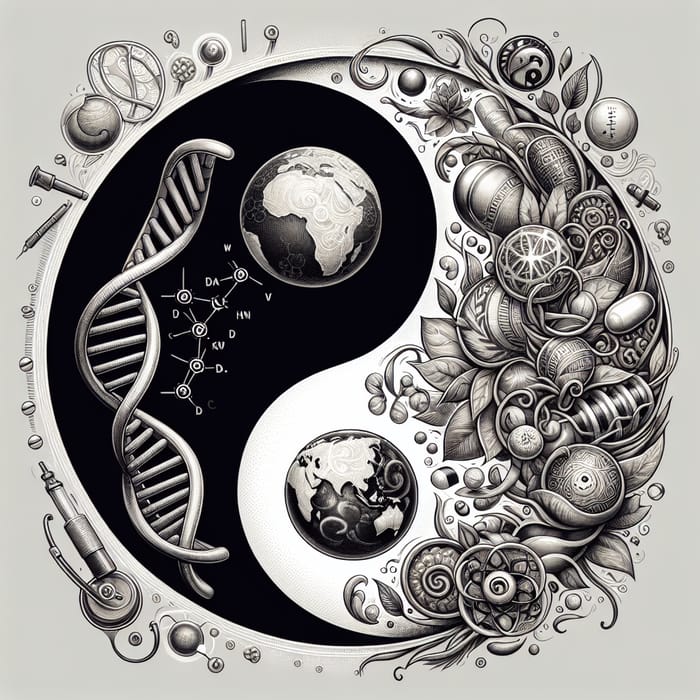 Intricate Yin-Yang Tattoo Design with Biology and International Business Elements