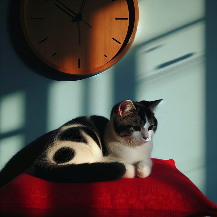 Cute Short-Haired Cat Resting on Red Cushion | Pet Photography