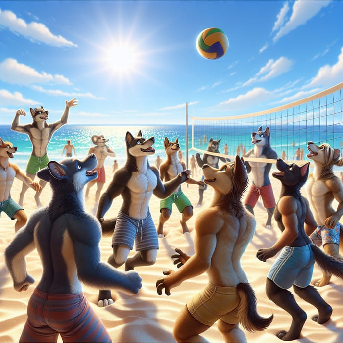 Dog Beach Volleyball: Anthropomorphic Canine Players in Energetic Game