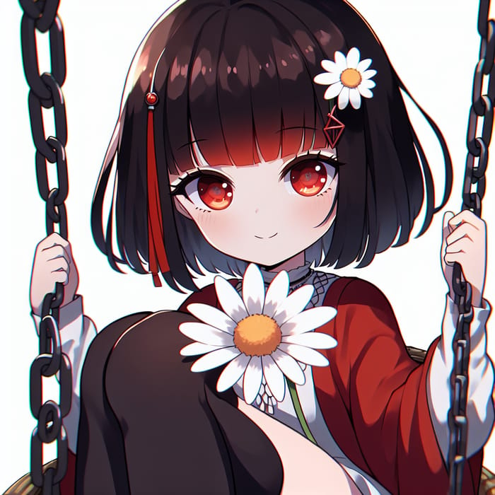 Anime Girl with Black Bob Haircut Holding White Daisy on Swing