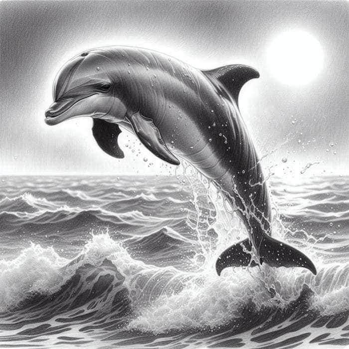 Detailed Sketch of Joyful Baby Dolphin Leaping out of the Choppy Waves