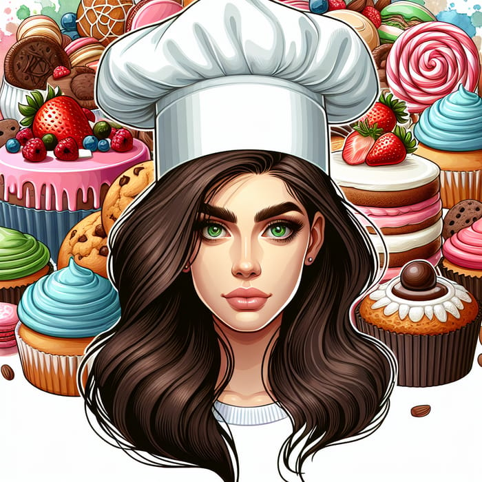 Cartoon Woman Chef Surrounded by Colorful Desserts