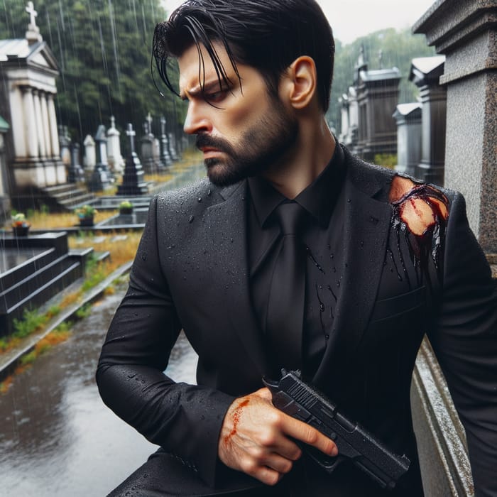 Mysterious Man in Black Suit Stands at Rainy Cemetery Gates