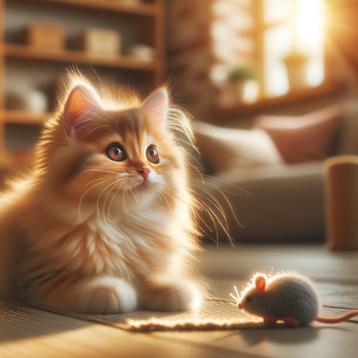 Adorable Cat Relaxing in Sunny Space with Toy Mouse