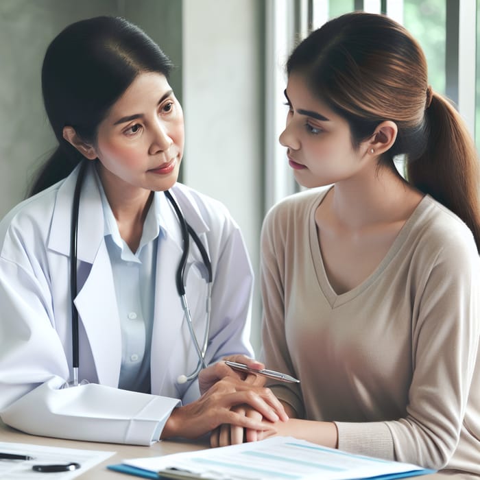 Professional Asian Female Doctor Discussing Medical Results with Caucasian Patient
