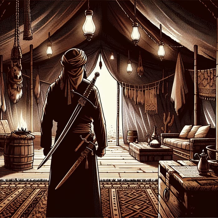 Middle-Eastern Man in Tent with Sword, Pre-Islamic Era
