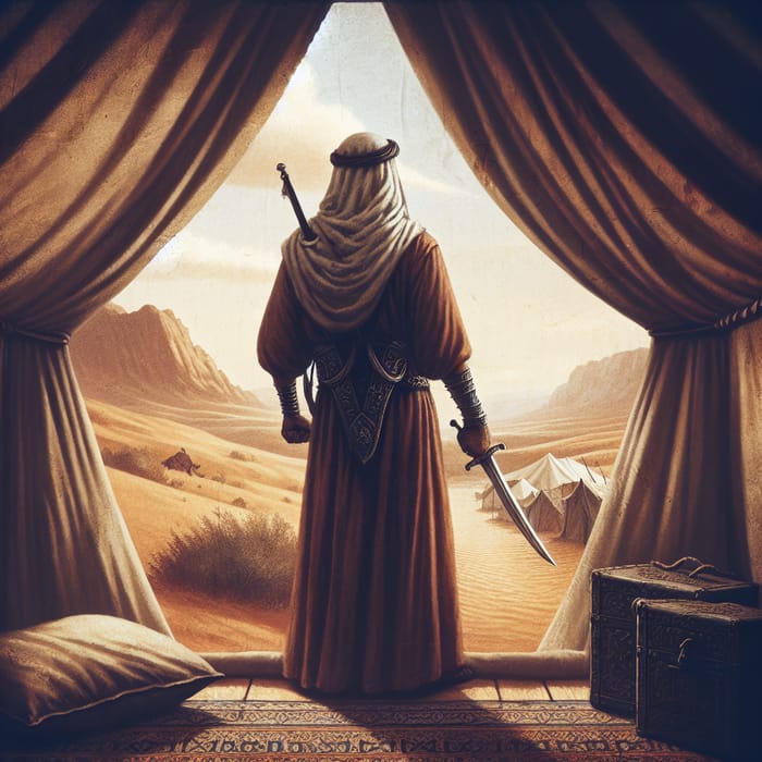 Middle-Eastern Man Wielding Sword in Ancient Tent