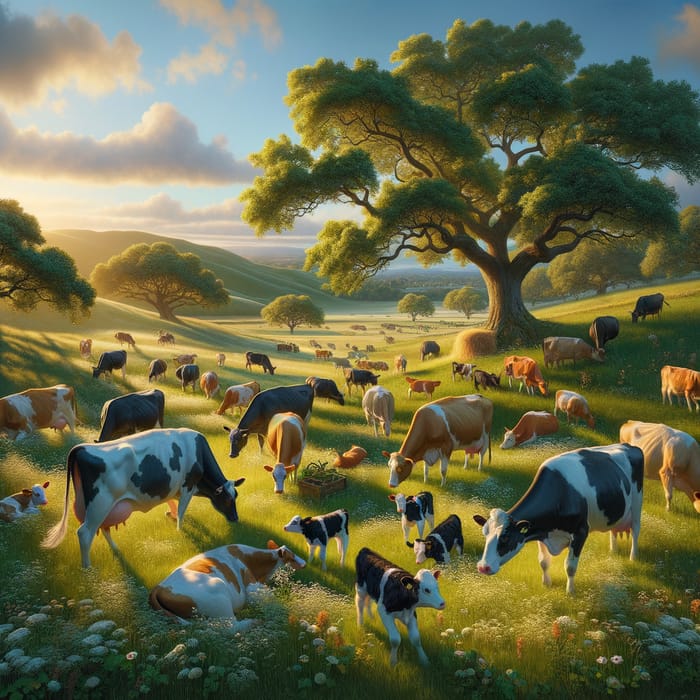 Serene Dairy Cow Pasture Scene with Rolling Hills