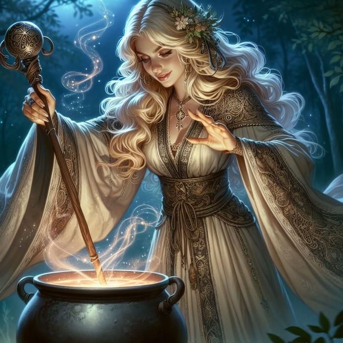 Blonde Sorceress with Long Yellow Hair - Enchanted Woodland Magic
