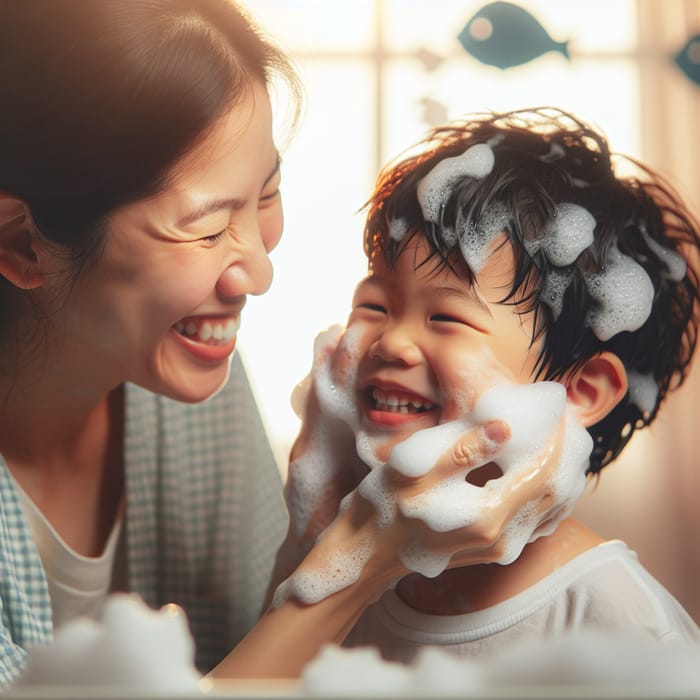 Mother Washing Son's Face: Soap and Suds