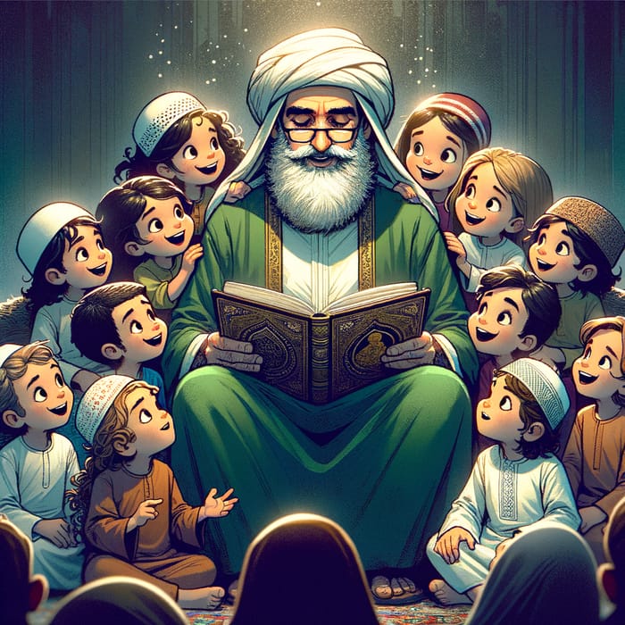 Wise Middle-Eastern Man Reading Fairy Tale to Diverse Children