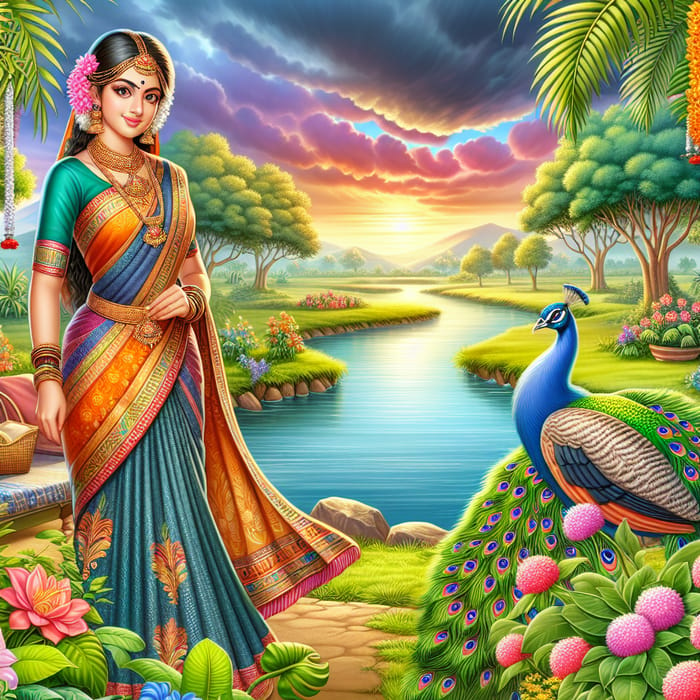 Serene Riverbank Landscape with Chandana and Peacock