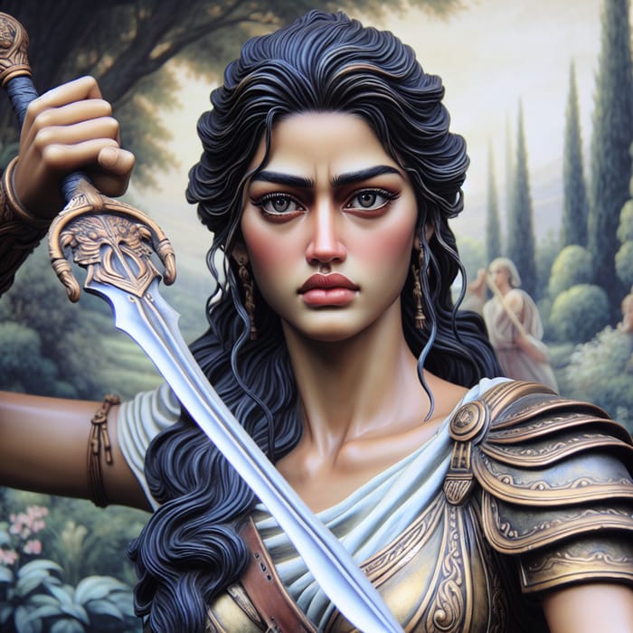 Female Warrior in Ancient Greek Armor with Sword