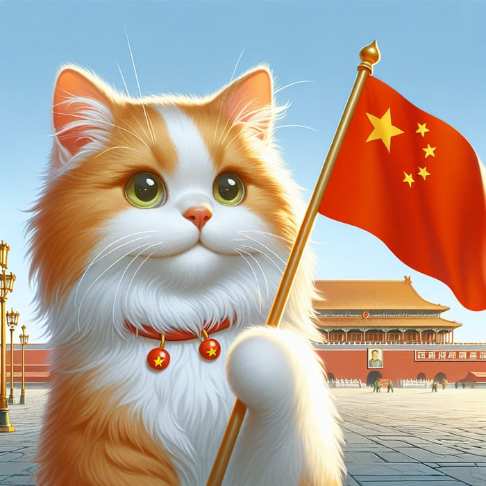 Adorable Cat Waving China Flag at Tiananmen Square