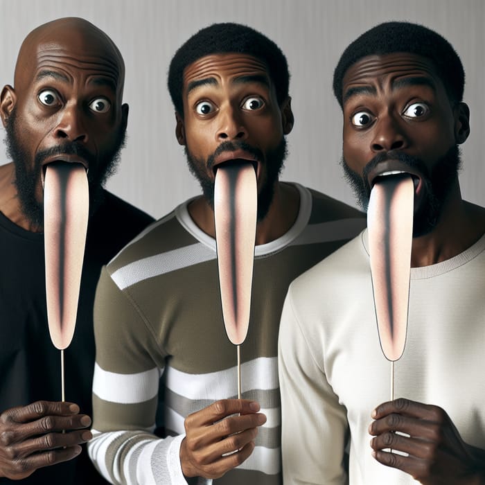 Surprised Black Fathers with Playful Long Tongue Props