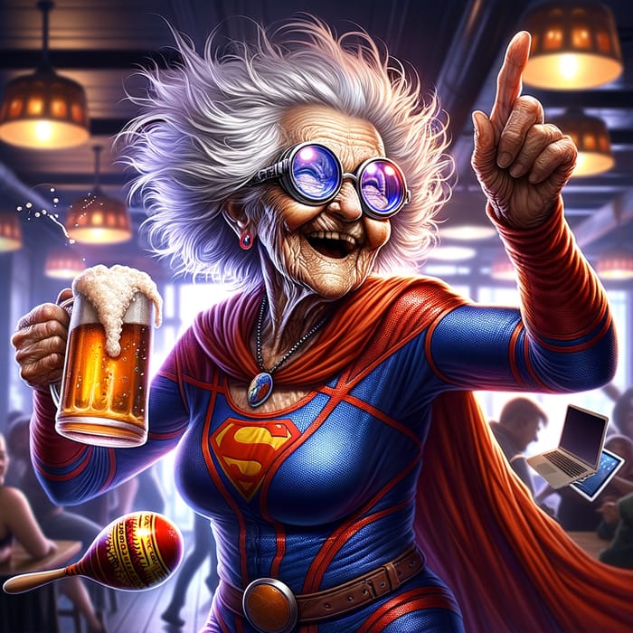 Eccentric Elderly Woman Dances in Bar with Superhero Vibe