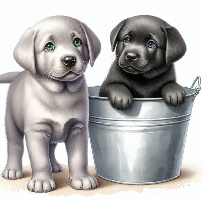 Charming Silver and Charcoal Labrador Puppies in Watercolor Painting