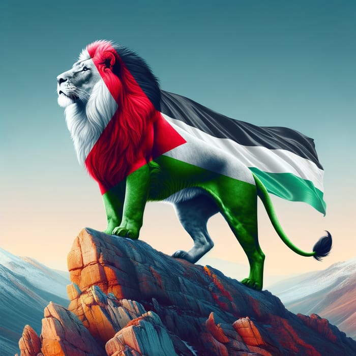 Lion In Palestinian Colors On Mountain Top