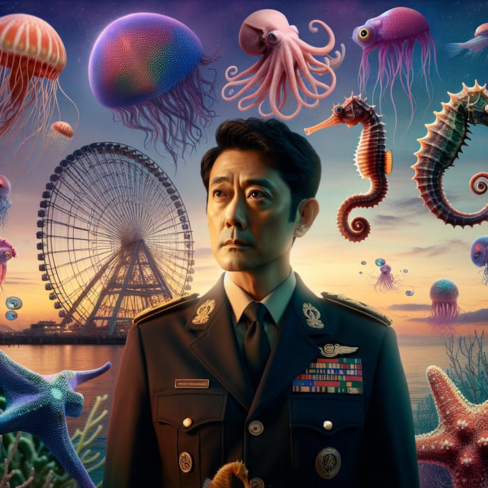 Asian Male Director, 40, in Military Uniform with Marine Life and Ferris Wheel