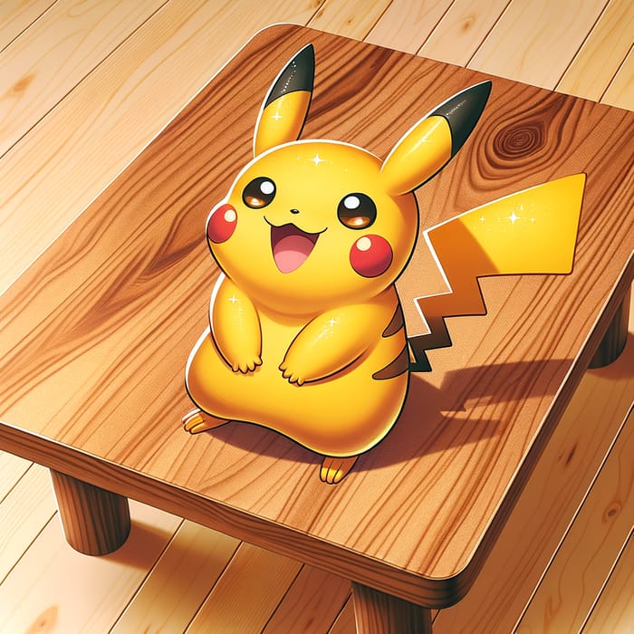 Cheerful Pikachu on Wooden Table
