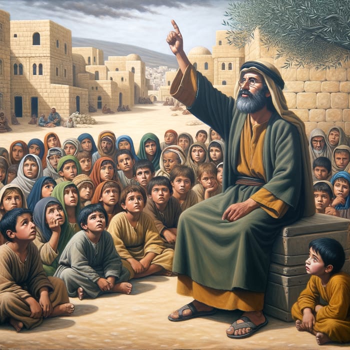 Jesus Teaching Children: Diverse Group in Traditional Oil Painting