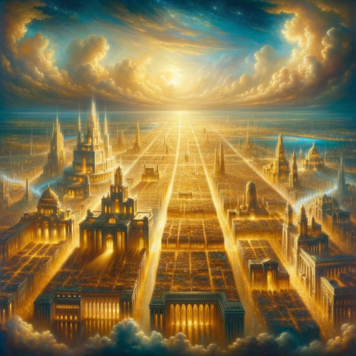 Golden Cityscape with Divine Streets | Ethereal Biblical Painting