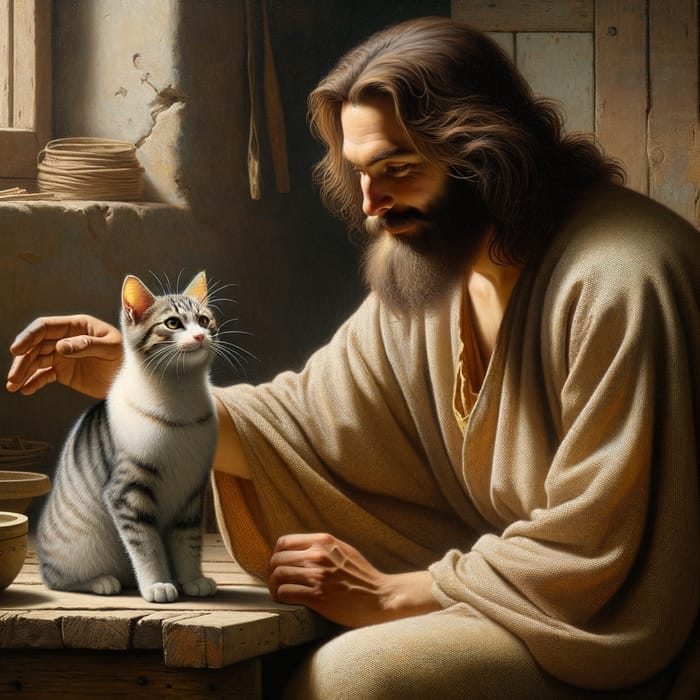 Jesus Christ Portrait with His Beloved Cat
