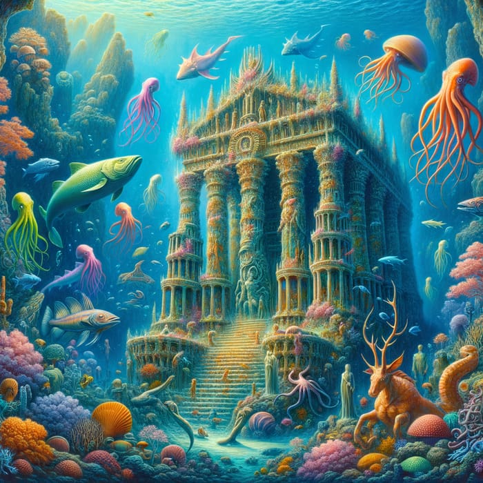 Mythical Underwater Temple with Sea Creatures