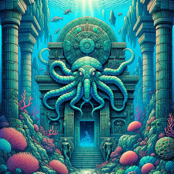 Mythical Sea Creatures Guarding Underwater Temple