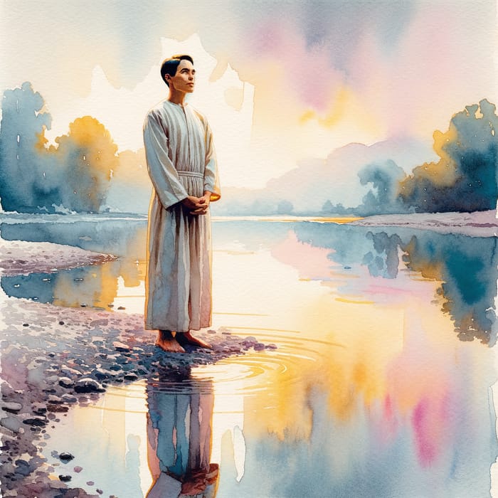 Tranquil River Baptism Reflection | Watercolor Painting