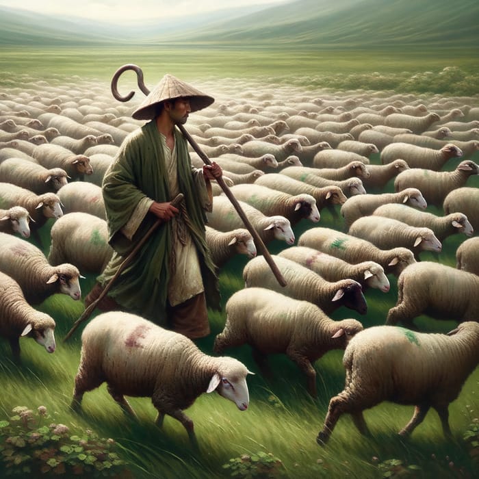 Shepherd Guiding Flock | Symbolism of Unity in Lush Meadow