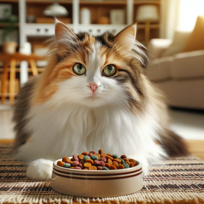Cute Calico Cat Eating Food - Colorful Mealtime Scene