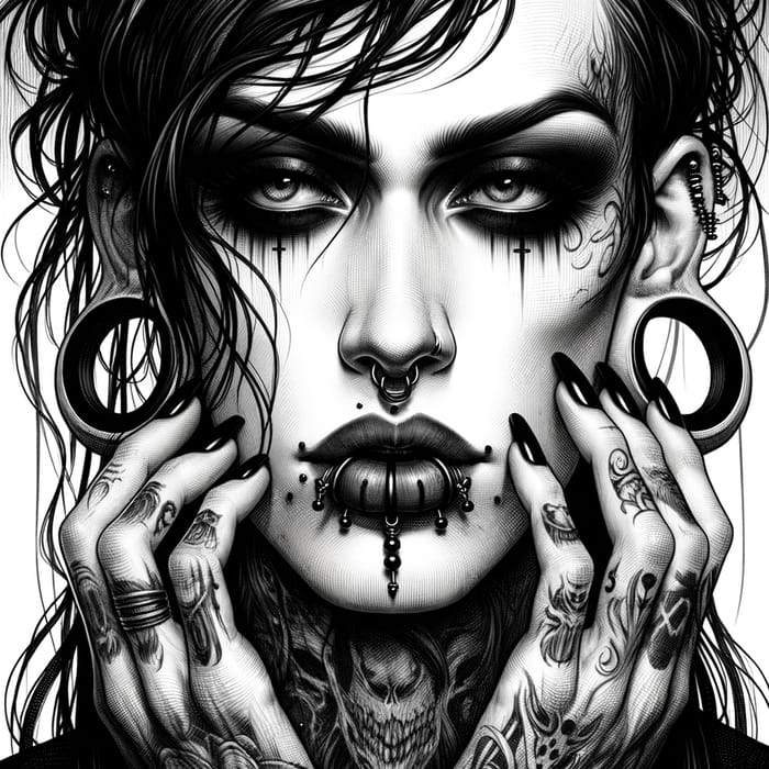 Gothic Bad Boy with Face Piercings, Tattoos, and Smokey Eyes