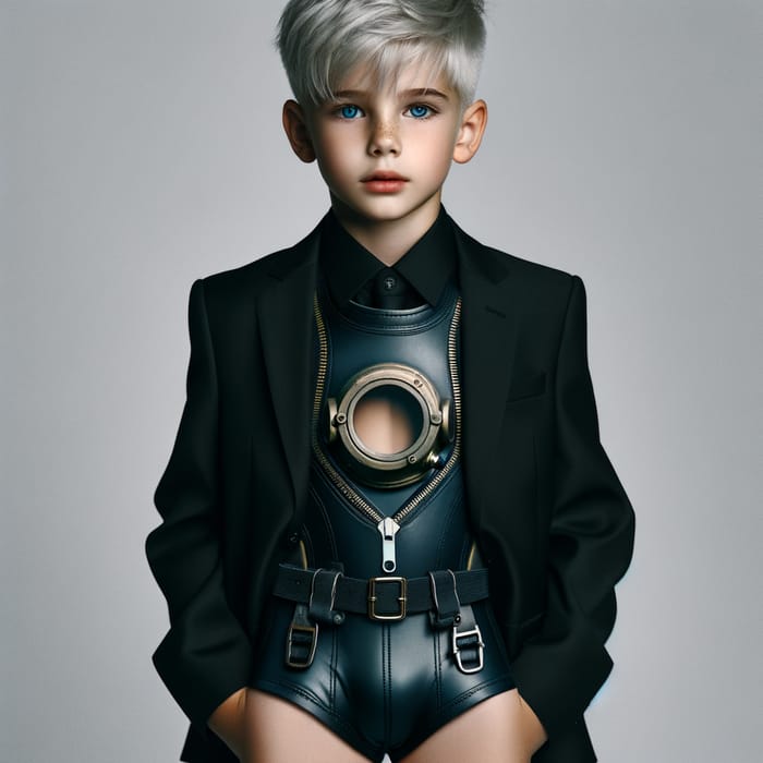Caucasian Boy with White Hair in Black Suit and Diving Gear