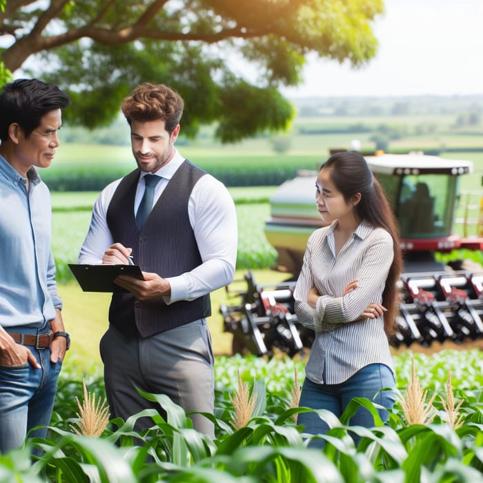 Agronomist Conversing with Farmers in Field with Agricultural Innovation