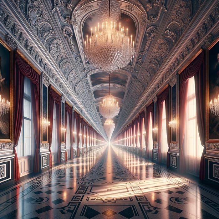 Enchanting Infinity: Captivating Long Hall Illuminated by Crystal Chandeliers