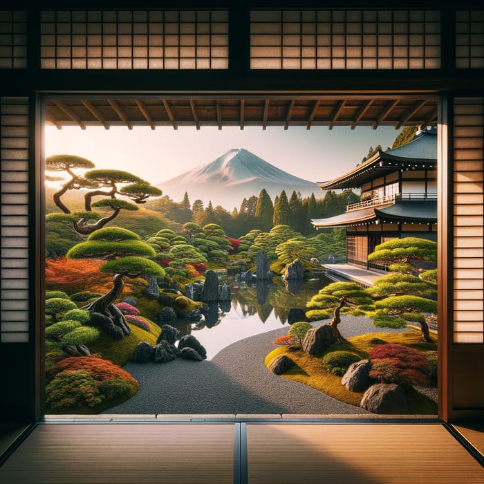 Japanese Garden Landscape - Tranquil View Through Window Frame