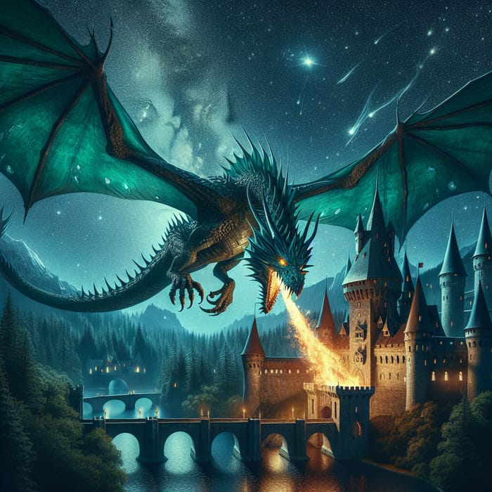 Majestic Emerald Dragon Soaring Over Ancient Castle
