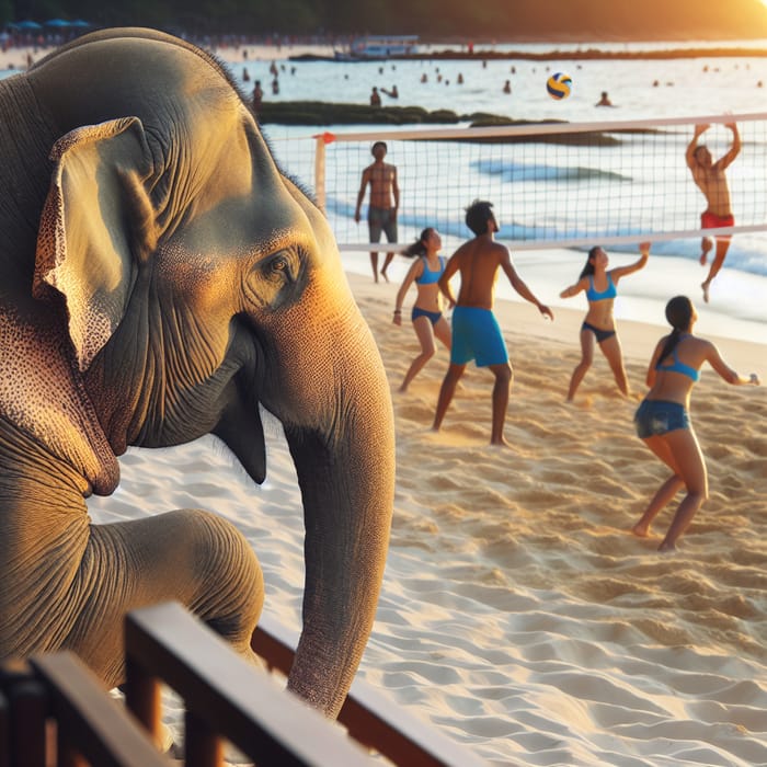 Beach Scene: Elephant Watching Beach Volleyball Sunset Game