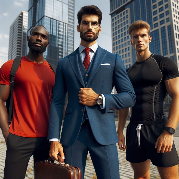 Big Black Men in Urban Setting: Red Shirt, Business Suit, Athletic Wear