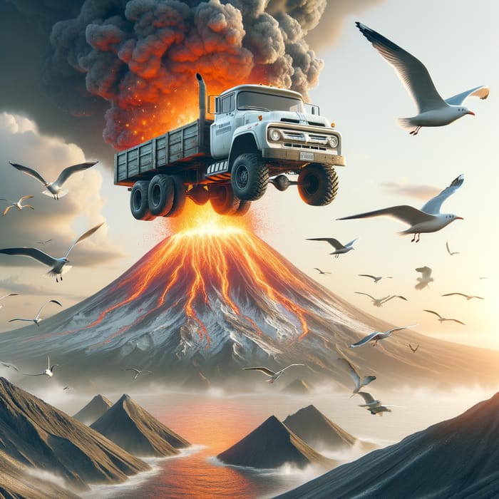 Truck Soaring Over Volcano Eruption with Seagulls in Air
