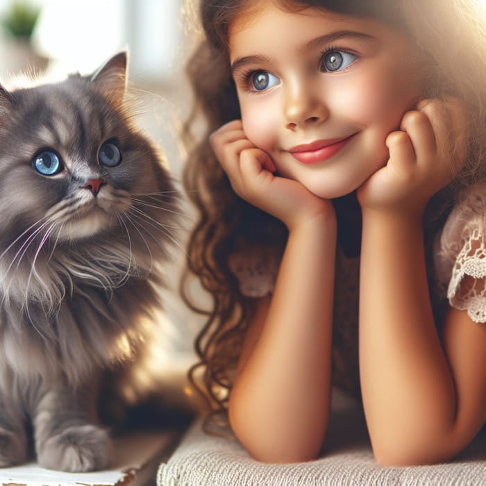 Sweet Moment: Smiling Cat and Girl in Home Setting