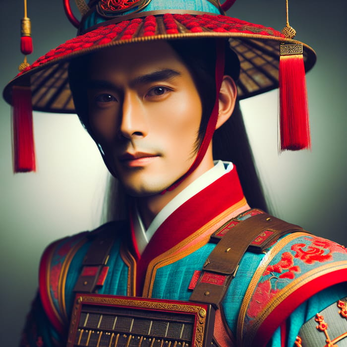 Confident East Asian Male Warrior in Traditional Chinese Attire