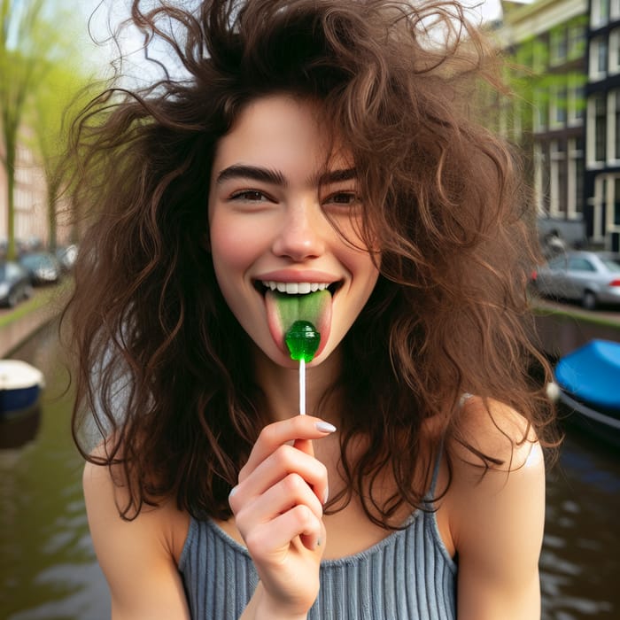 Young Woman with Curly Hair and Green Lollipop in Amsterdam